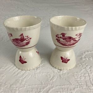 Spode vintage pink red pheasant bird transfer ware double egg cups porcelain